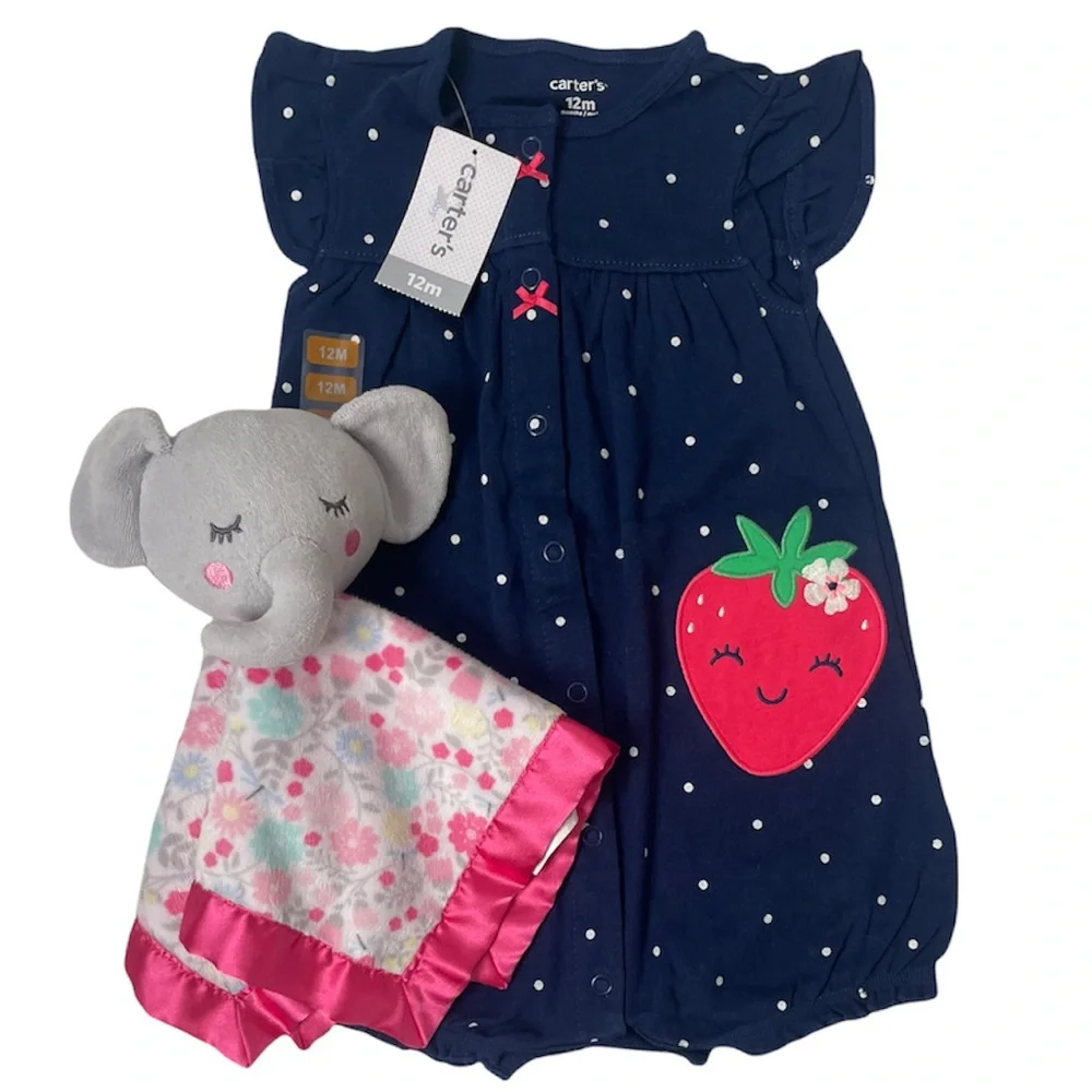 Strawberry Flowers One Piece Outfit Cuddle Set Security Blanket Lovie Plush Toy